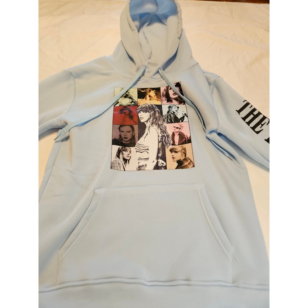 Taylor Swift Hoodie Light Blue Graphic Print "THE ERAS TOUR" Sleeve Print Sz XS